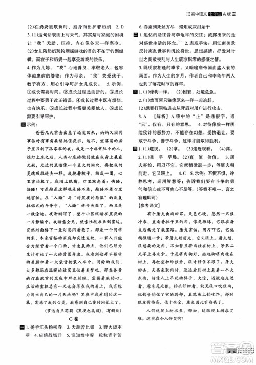 2018年木头马阅读小卷初中语文7年级A版参考答案