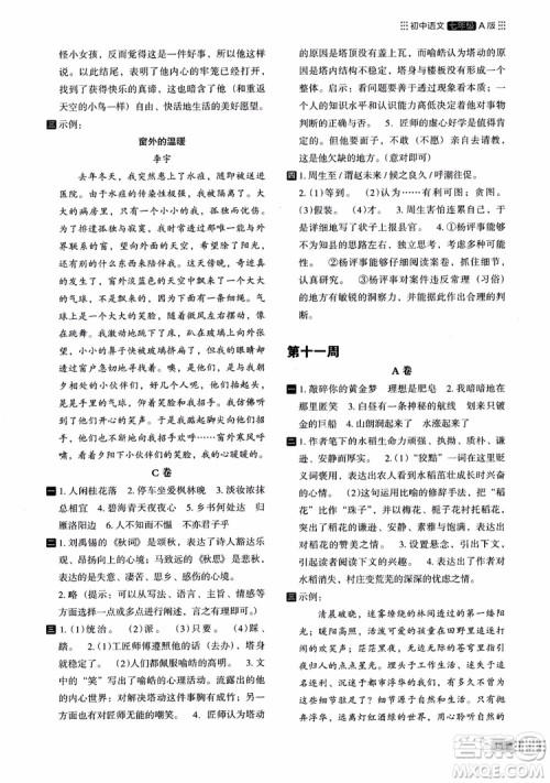 2018年木头马阅读小卷初中语文7年级A版参考答案