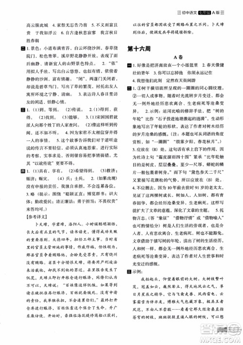 2018年木头马阅读小卷初中语文7年级A版参考答案