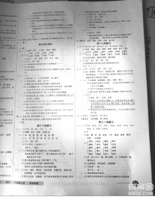 2018秋全品小复习六年级语文上册语文S版参考答案