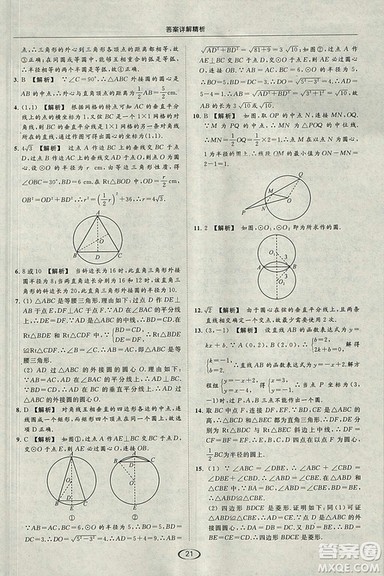 亮点给力提优课时作业本2018秋数学九年级上江苏版参考答案