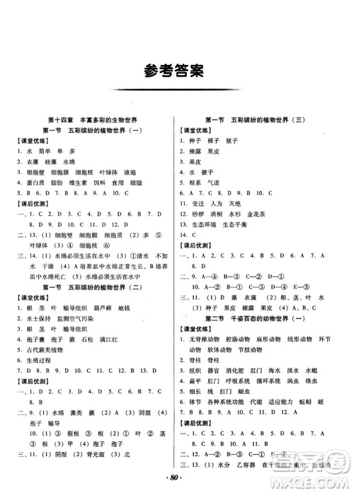 2018苏教版全优点练课计划八年级生物上册参考答案