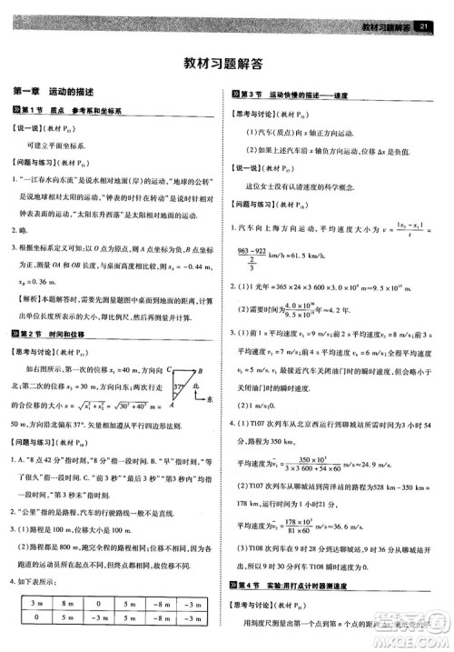 人教版2019最新教材完全解读高中物理必修1参考答案