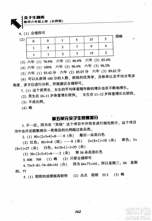 2019版尖子生题库数学六年级上册BS版北师大版参考答案