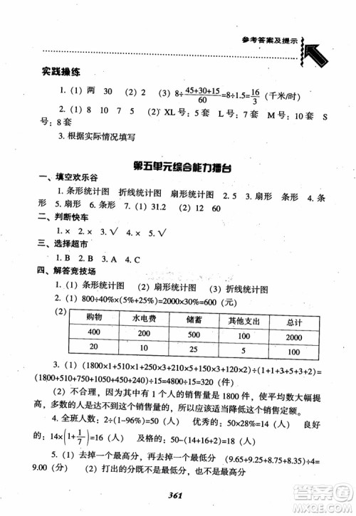 2019版尖子生题库数学六年级上册BS版北师大版参考答案
