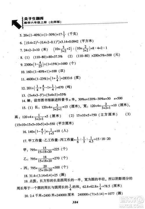 2019版尖子生题库数学六年级上册BS版北师大版参考答案