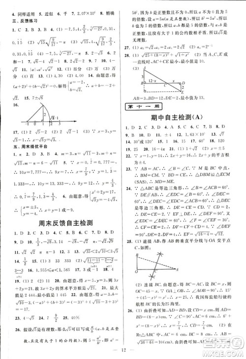 2019亮点给力周末优化设计大试卷数学八年级上册江苏版答案