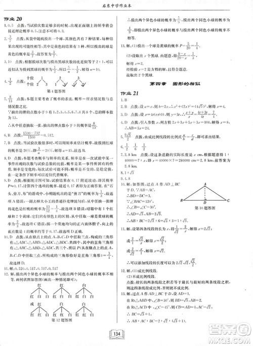 启东中学作业本九年级上册数学北师大版参考答案