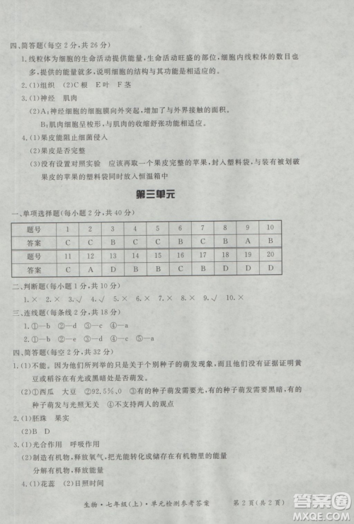 新课标形成性练习与检测七年级生物上册2018参考答案