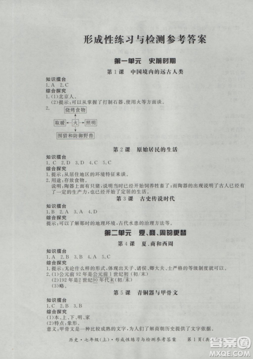 2018秋新课标形成性练习与检测七年级历史上参考答案