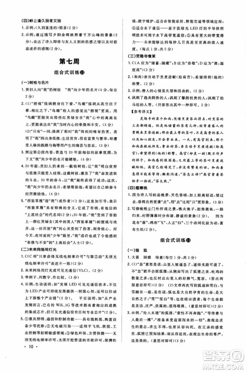 2018年初中语文阅读组合式训练九年级浙江版参考答案
