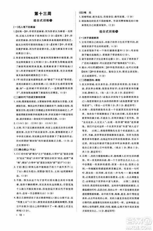 2018年初中语文阅读组合式训练九年级浙江版参考答案