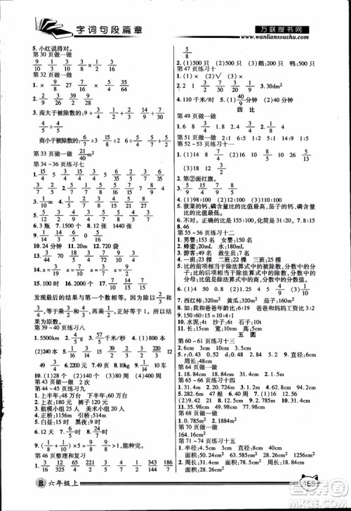 2018年全优学习字词句段篇章人教版六年级上册参考答案