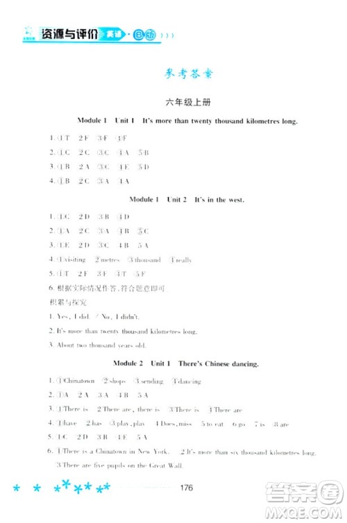 2018资源与评价六年级英语全一册外研版B版参考答案 2018资源与评价六年级英语全一册外研版B版参考答案