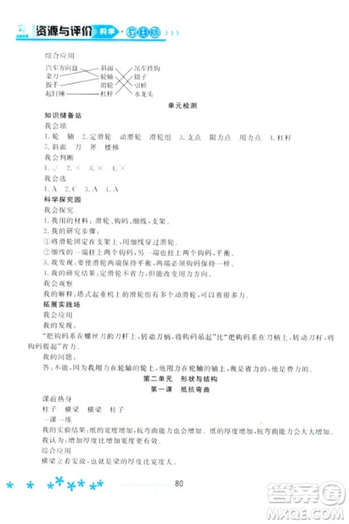 2018教科版资源与评价六年级上册科学参考答案