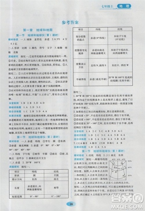 资源与评价2018人教版七年级地理上册参考答案