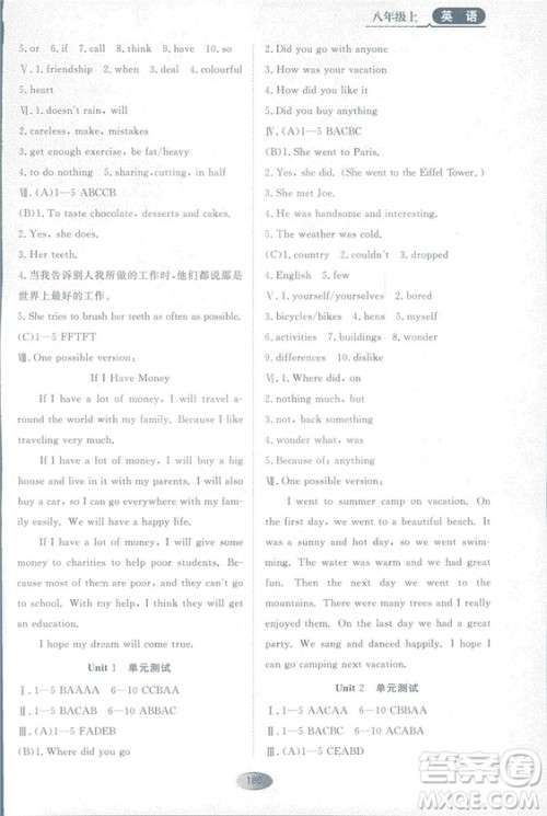 2018资源与评价英语八年级上册人教版参考答案