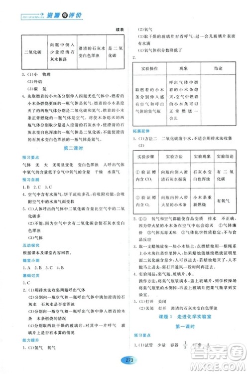 五四学制2018资源与评价八年级化学全一册上册人教版参考答案