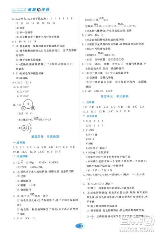 五四学制2018资源与评价八年级化学全一册上册人教版参考答案