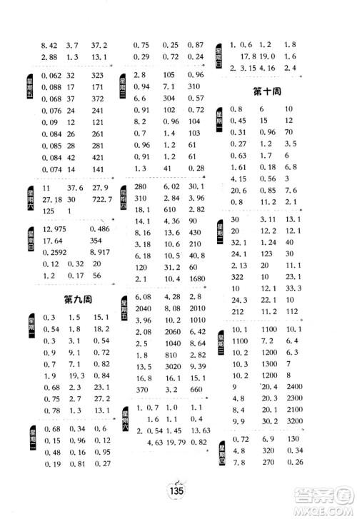 2018秋小学数学计算高手5五年级上册人教版参考答案