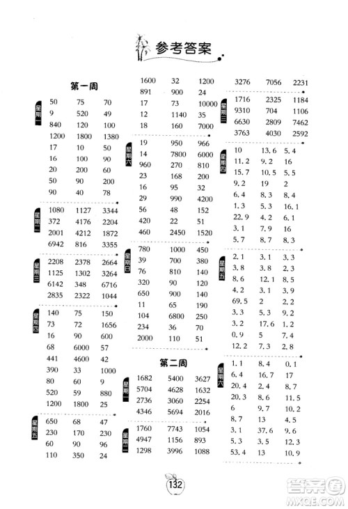 2018秋小学数学计算高手4四年级上册人教版参考答案