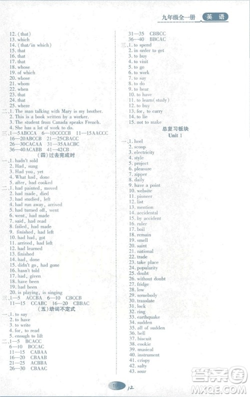 山教版2018年资源与评价英语九年级全一册参考答案