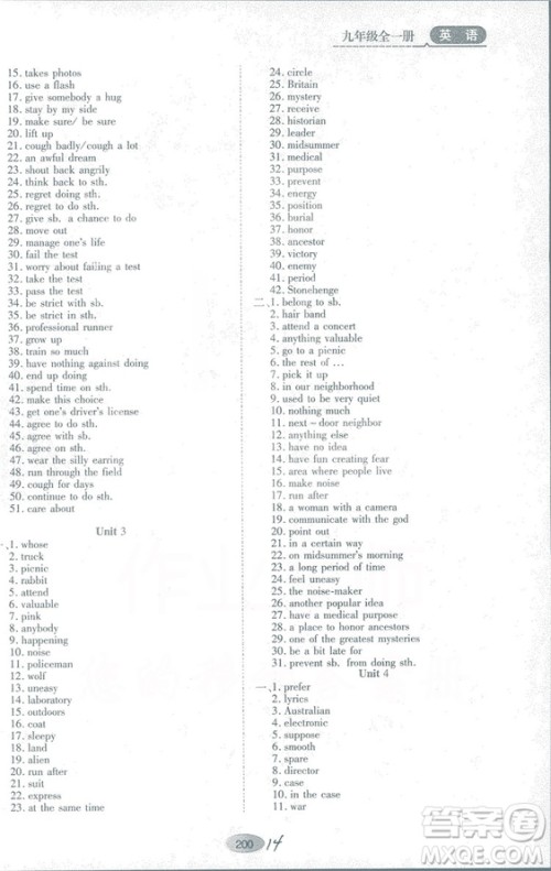 山教版2018年资源与评价英语九年级全一册参考答案