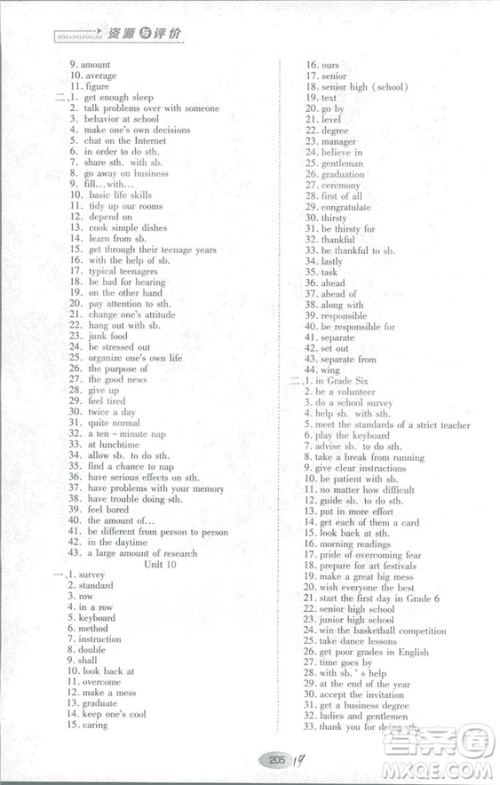 山教版2018年资源与评价英语九年级全一册参考答案