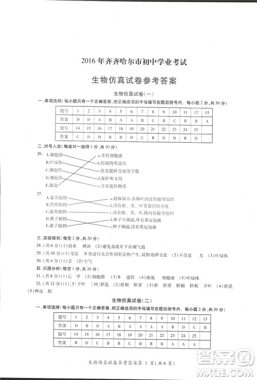 2018年资源与评价中考全程总复习生物B版参考答案 2018年资源与评价中考全程总复习生物B版参考答案