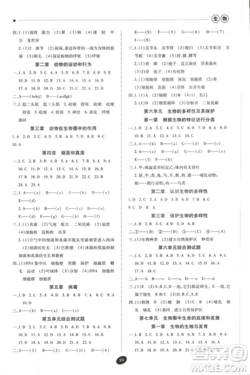 2018年资源与评价中考全程总复习生物B版参考答案 2018年资源与评价中考全程总复习生物B版参考答案