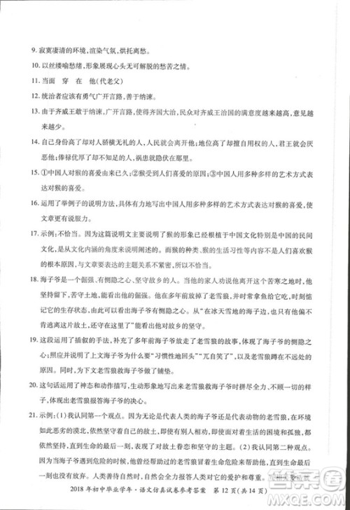 2018年资源与评价中考全程总复习语文D版参考答案