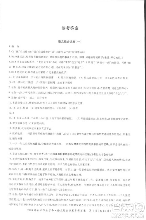 2018年资源与评价中考全程总复习语文D版参考答案