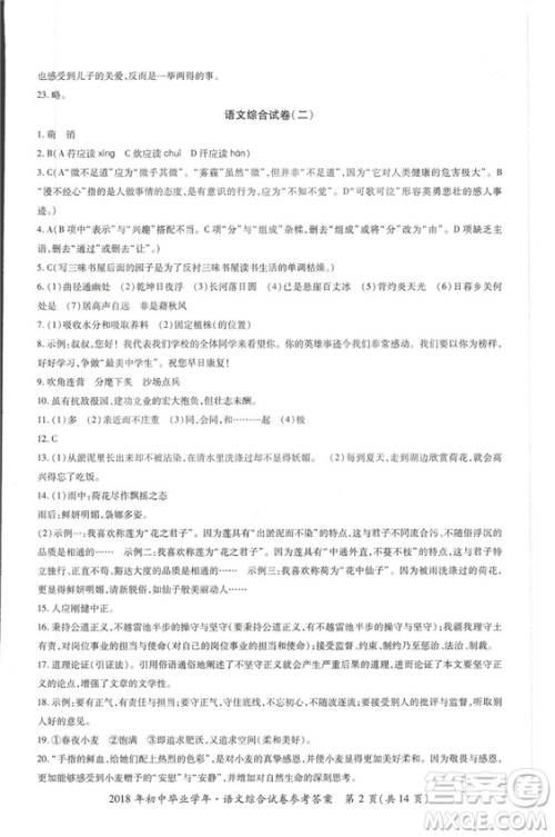 2018年资源与评价中考全程总复习语文D版参考答案