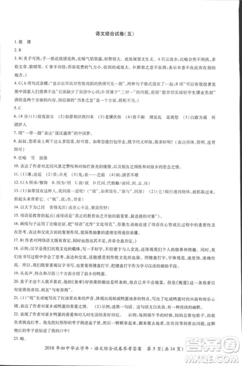 2018年资源与评价中考全程总复习语文D版参考答案