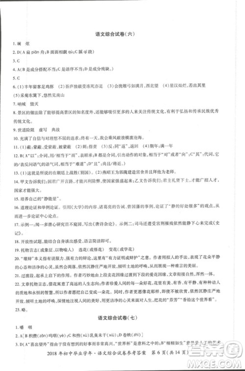 2018年资源与评价中考全程总复习语文D版参考答案