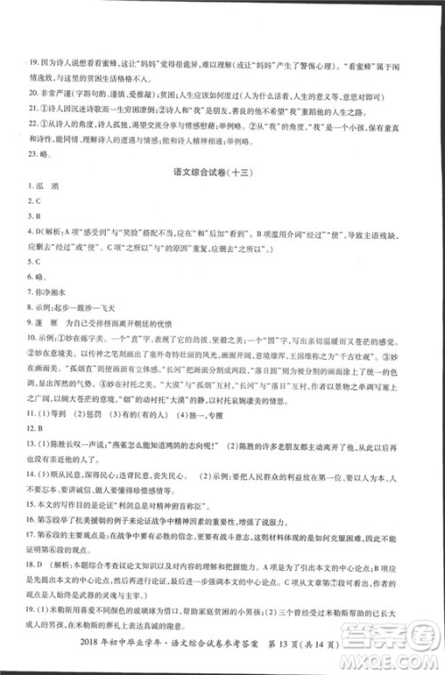 2018年资源与评价中考全程总复习语文D版参考答案