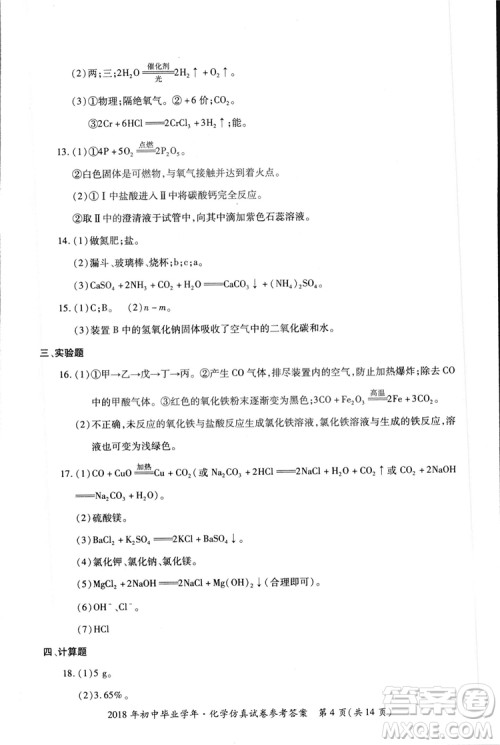 2018年资源与评价中考全程总复习化学D版参考答案 2018年资源与评价中考全程总复习化学D版参考答案