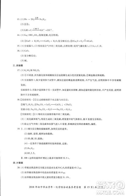 2018年资源与评价中考全程总复习化学D版参考答案 2018年资源与评价中考全程总复习化学D版参考答案