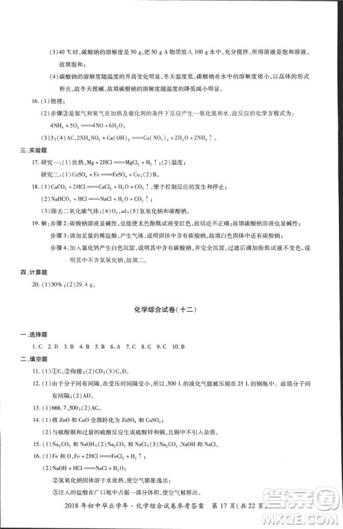 2018年资源与评价中考全程总复习化学D版参考答案 2018年资源与评价中考全程总复习化学D版参考答案
