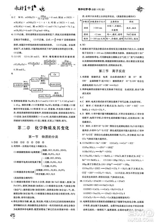 人教版2018教材1+1高中化学必修1参考答案