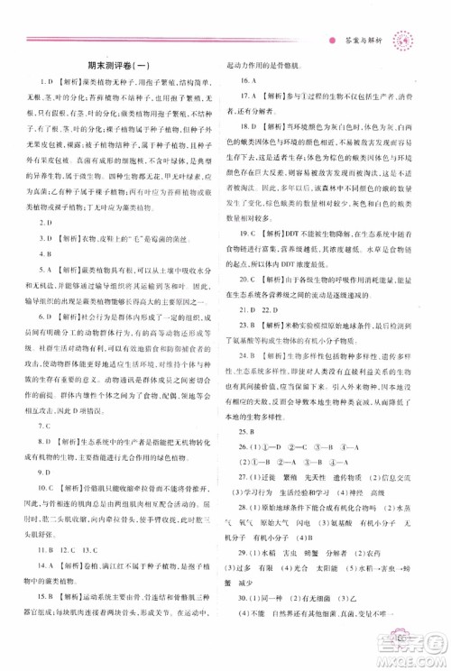 苏教版2018绩优学案八年级上生物学参考答案 苏教版2018绩优学案八年级上生物学参考答案