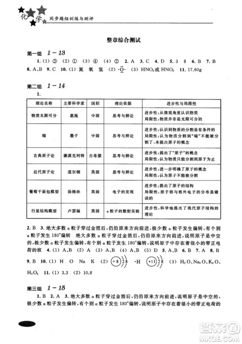 2018年高中五星级同步题组训练与测评高一年级第一学期化学参考答案