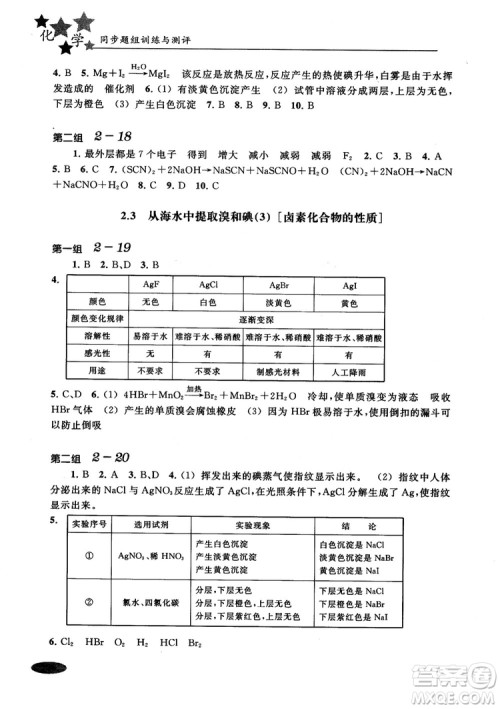 2018年高中五星级同步题组训练与测评高一年级第一学期化学参考答案