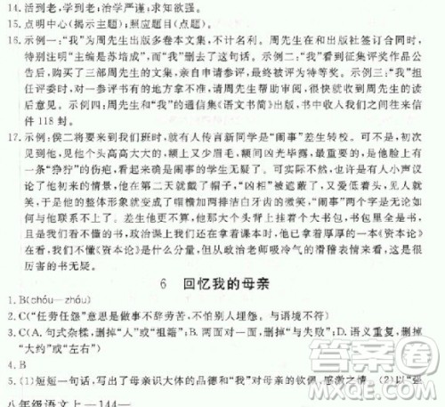 2018秋人教版RJ学练优核心素质提高训练八年级上册语文参考答案