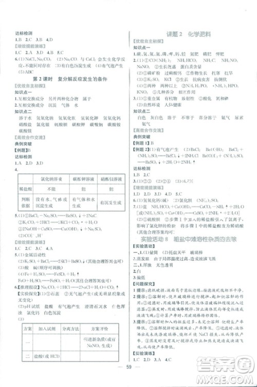 2018年同步导学案课时练化学九年级全一册人教版参考答案