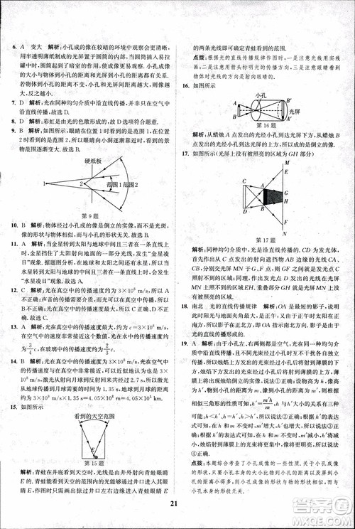 2018秋拔尖作业本八年级物理上册苏科版参考答案