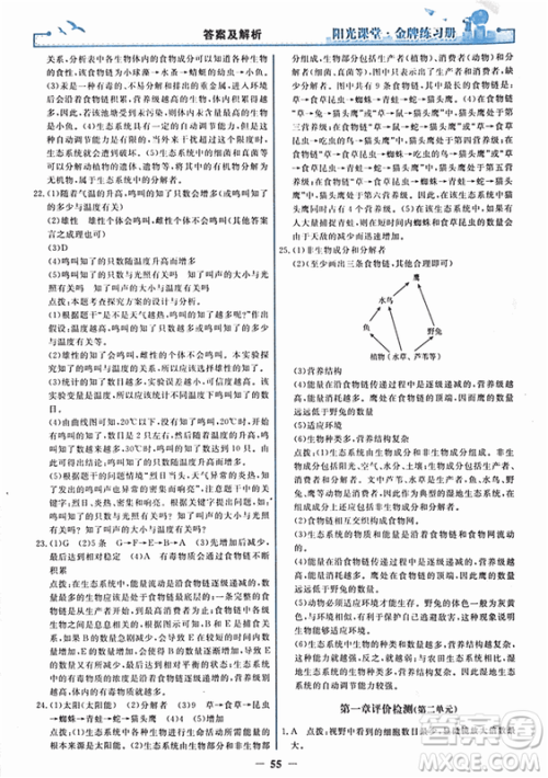 2018年阳光课堂金牌练习册生物学七年级上册人教版参考答案