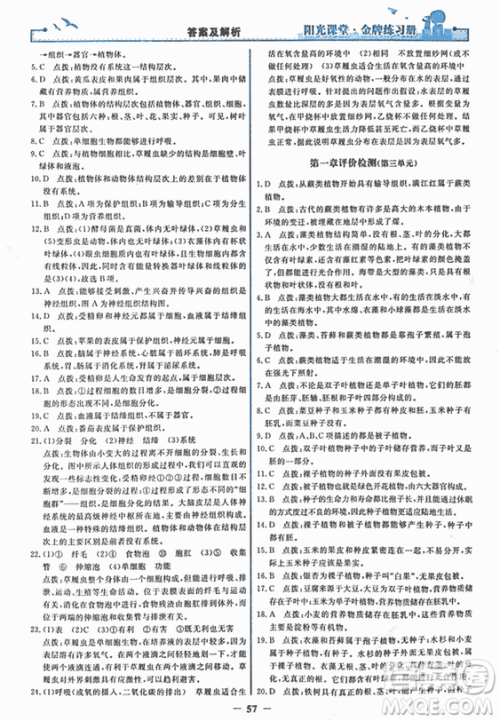 2018年阳光课堂金牌练习册生物学七年级上册人教版参考答案