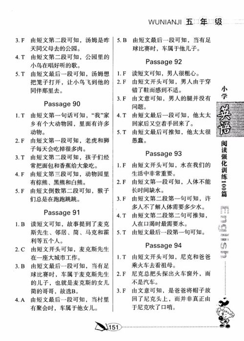 2018年小学英语阅读强化训练100篇五年级参考答案