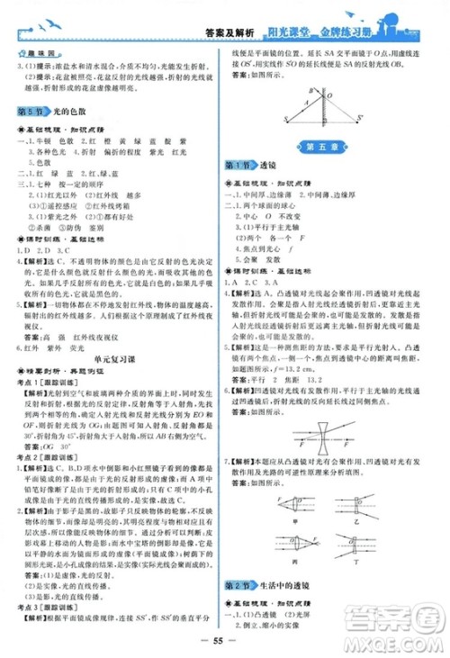 2018新版阳光课堂金牌练习册物理上册八年级人教版答案